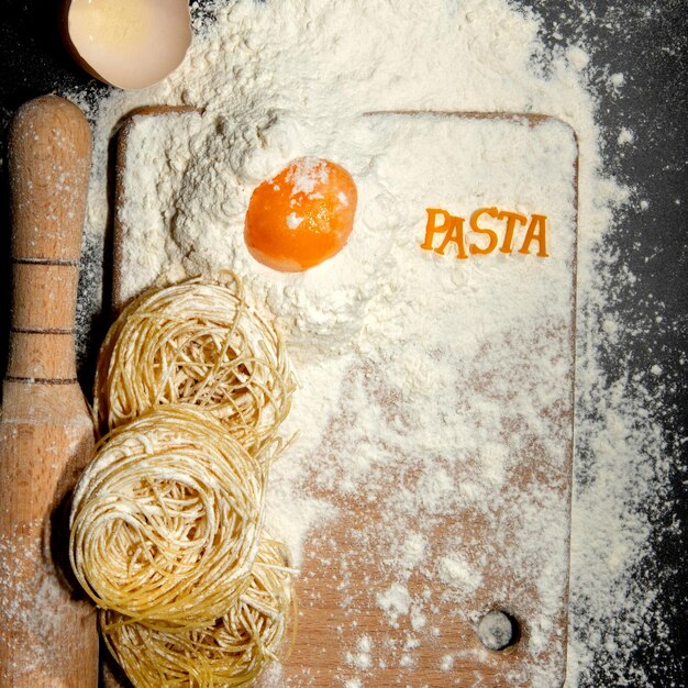 Freshly cooked pasta is lying on a dark surface dusted with flour. Italian pasta. Tagliatelle. Raw pasta. Italian pasta recipe. Top view, copy space.