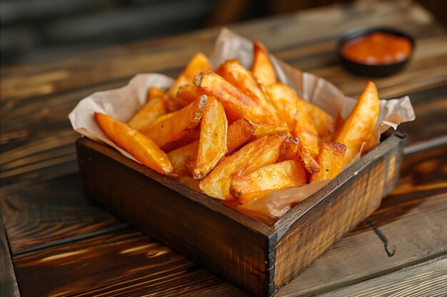 Photo freshly cooked potato fries in a wooden box