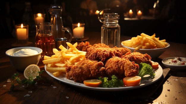 Freshly cooked pub food on rustic table with fried chicken chicken fried