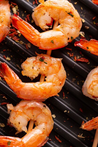 Freshly cooked shrimps on a grill