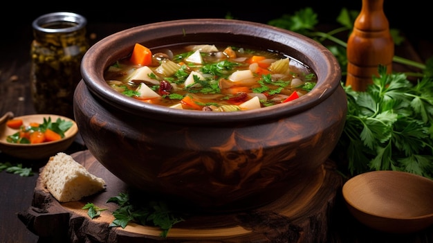 freshly cooked vegetable soup in a rustic wooden bowl