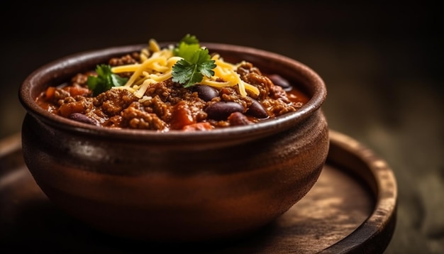 Freshly cooked vegetarian stew on rustic pottery plate generated by AI