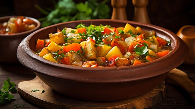 Freshly cooked vegetarian stew in a rustic wooden bowl