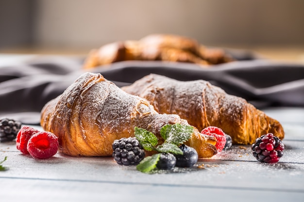 Freshly crispy croissants sprinkled sugar powder with raspberry blackberry and blueberry with mellisa leaves.