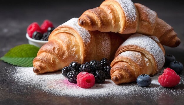 Freshly crispy croissants sprinkled sugar powder with raspberry blackberry and blueberry