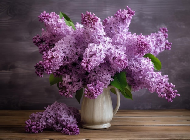 Freshly cut flowers of lilac Lilac from the garden in wicker basket