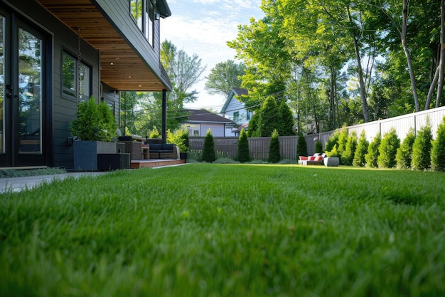 Photo freshly cut grass in private backyard