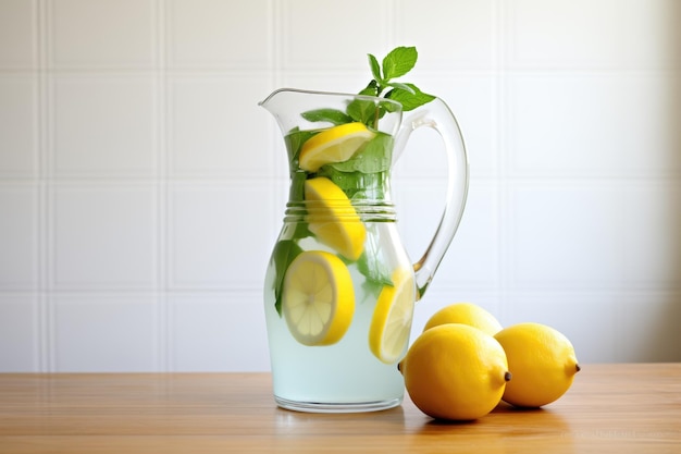 Freshly cut lemons and mint in a pitcher of water for clients