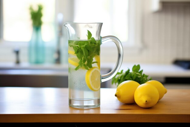 Photo freshly cut lemons and mint in a pitcher of water for clients