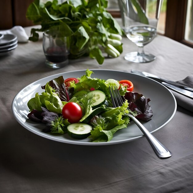 Freshly Cut Salad on Kitchen Counter with White Plates and Cutlery Generative Ai