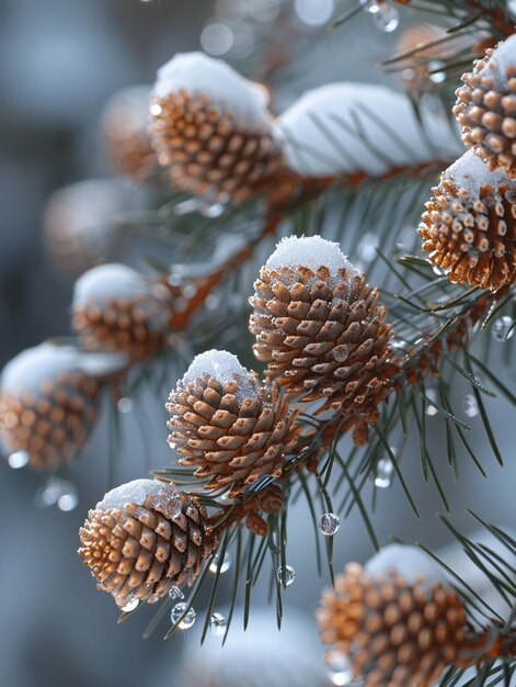 Freshly fallen snow on a pine branch