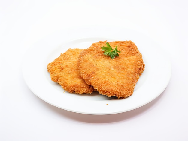 새로 긴 황금색 갈색 고기 코틀이  접시 위에 앉아 있다