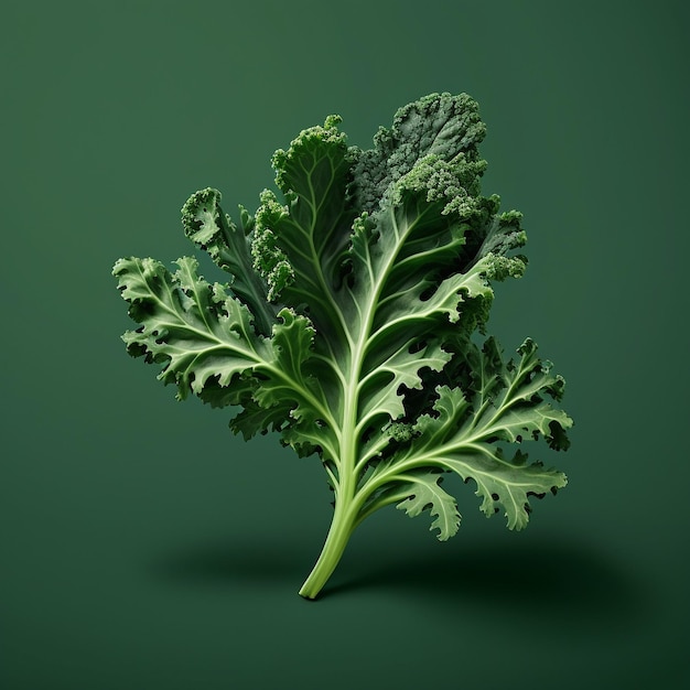 Freshly green kale leaves isolated on green background Generative AI