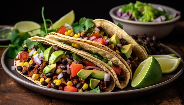 Freshly grilled beef taco with guacamole tomato and cilantro on tortilla generated by artificial intelligence