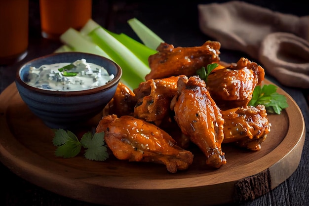 Freshly grilled buffalo chicken wings with savory sauce generative AI