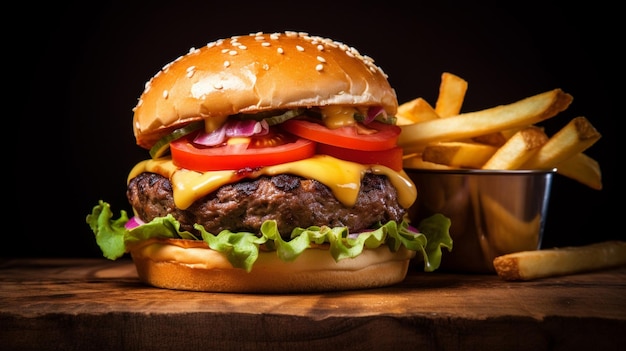 freshly grilled cheeseburger with tomato and fries