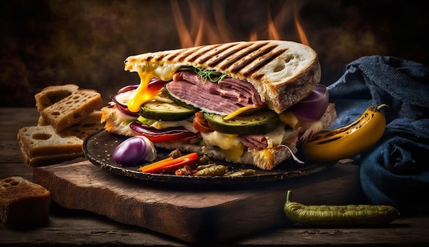 Freshly grilled gourmet sandwich on rustic ciabatta bread generative AI