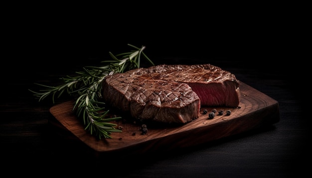 人工知能によって生成された田舎の木製のカッティングボードで新鮮に焼いたステーキ