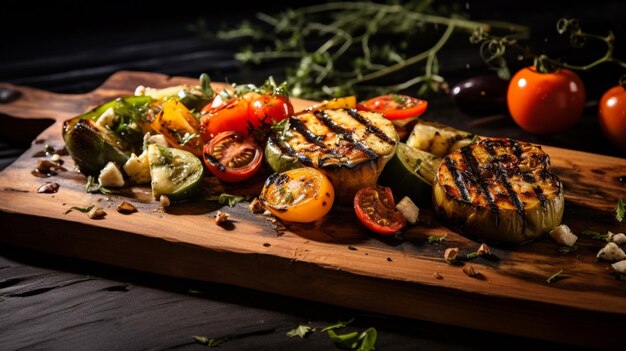 Foto aperitivo vegetariano appena grigliato su taglio di legno rustico