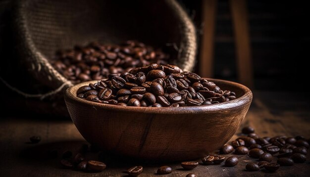 Freshly ground coffee beans on a rustic wooden table aromatic and invigorating generated by artificial intelligence