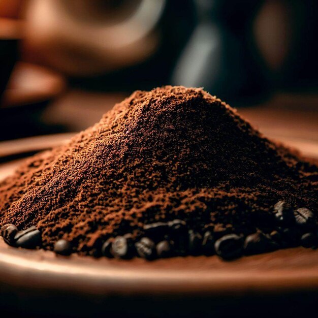 Freshly ground coffee on a wooden tray