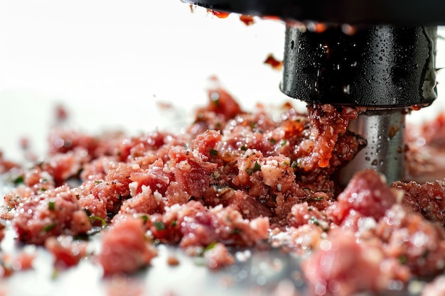 Photo freshly ground meat exiting a grinder