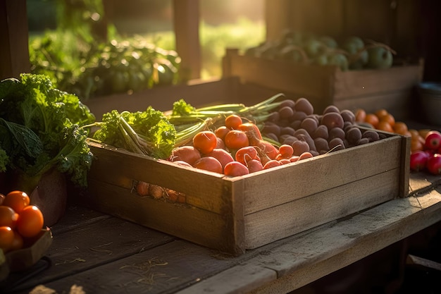 Фото Свеже выращенный природой ящик, полный свежих овощей с фермы ai generative