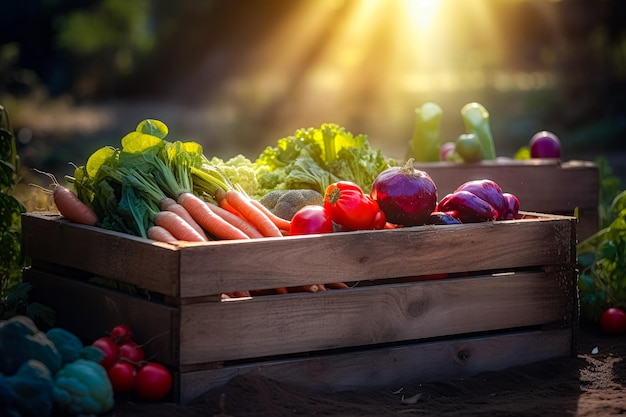 自然によって育てられた新鮮な農場からの新鮮な農産物の野菜が詰まった箱