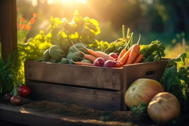 Freshly grown by nature A crate full of fresh produce vegetables from farm Ai generative