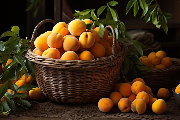 Freshly harvested apricots in a rustic basket 4K Apricot image photography
