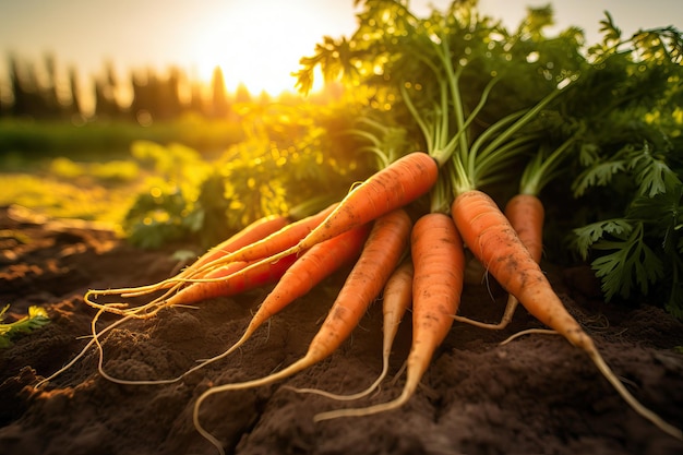 Freshly harvested carrots in golden sunset light