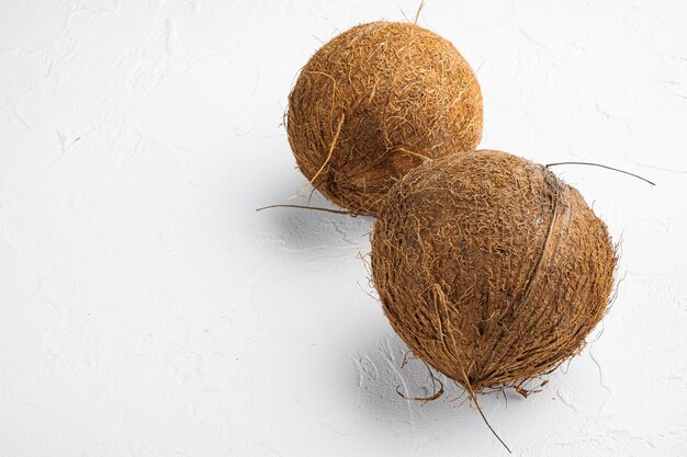 Freshly harvested coconut set, on white stone table background, with copy space for text