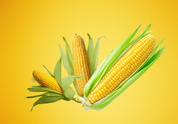 freshly harvested corn with bright yellow kernels and green leaves shown on a yellow background