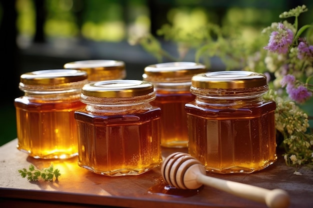 Freshly harvested honey in glass jars labeled