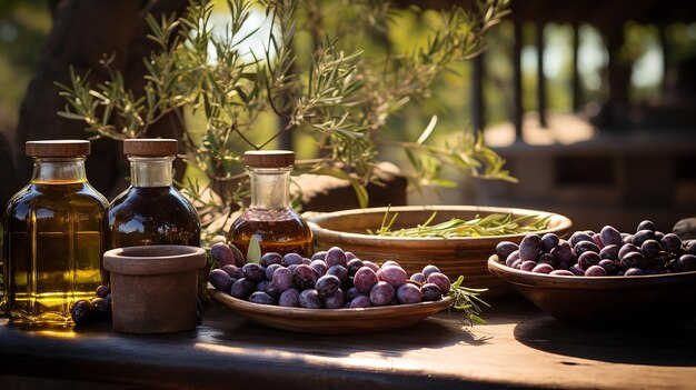 Freshly harvested olives berries in wood bowls and pressed oil in glass bottles