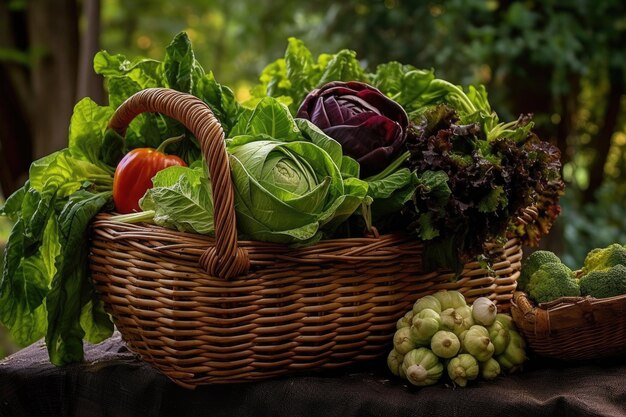 Foto prodotti biologici appena raccolti in un cesto creato con l'ia generativa