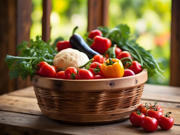 Freshly harvested organic vegetables arranged in a rustic wooden basket vibrant colors macro phot