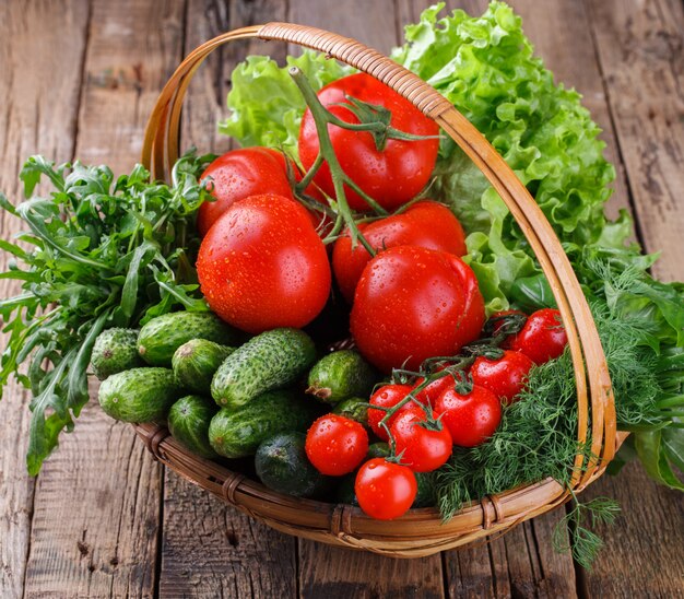 Freshly harvested organic vegetables in a basket