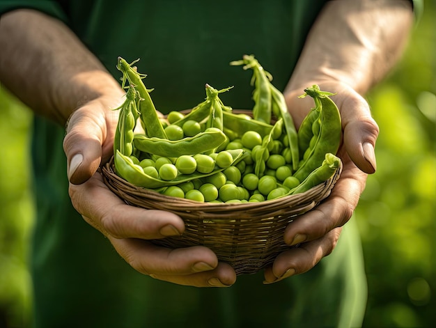 Freshly harvested Peas in farmer's hand closeup shot