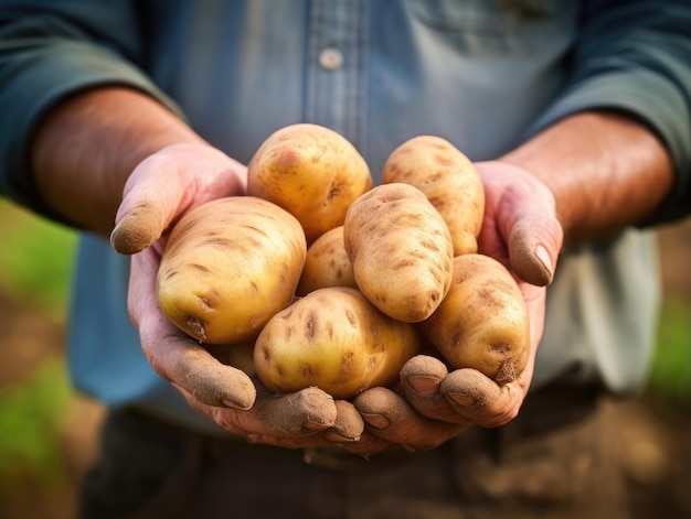 農家の手のクローズアップショットで収穫されたばかりのジャガイモ