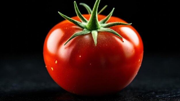 Freshly harvested ripe tomato with vibrant green stem