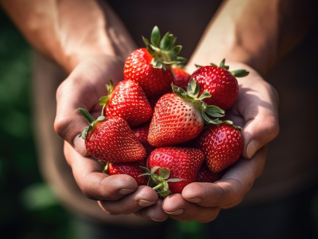 Freshly harvested strawberries in farmer's hand closeup shot