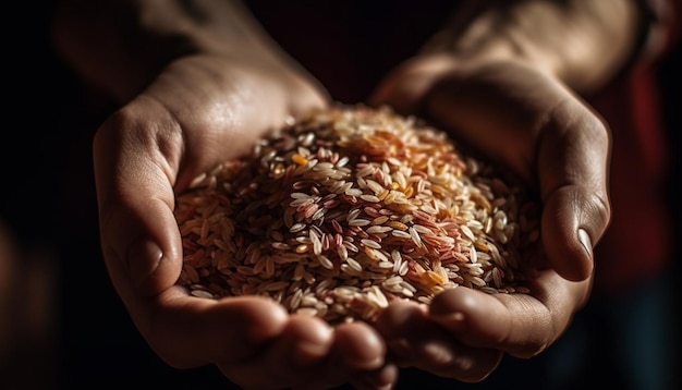 Freshly harvested wholegrain rice in hands of unrecognizable farmer generated by AI