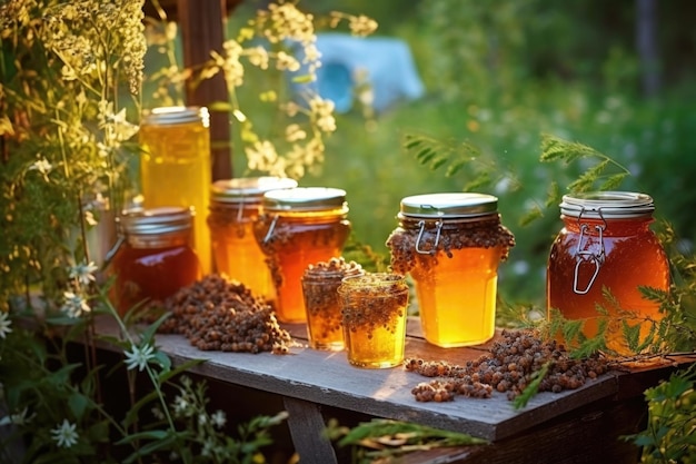 Freshly harvested wild honey in glass jars outdoors created with generative ai