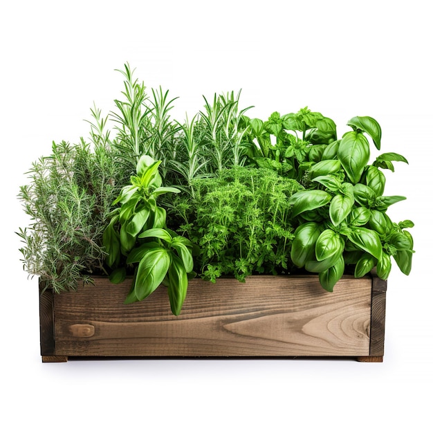 Photo freshly herbs in a wooden planter box