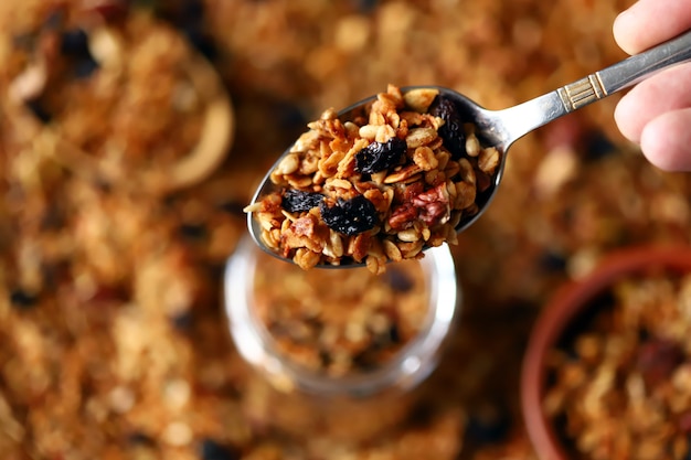 Freshly homemade granola on a baking sheet