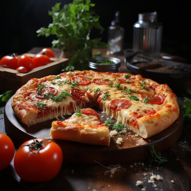 모짜렐라 치즈 슬라이스를 곁들인 갓 만든 이탈리아 피자