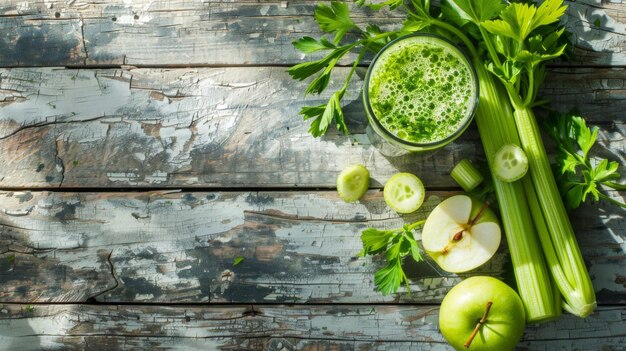 Freshly Juiced Greens in an Outdoor wooden table