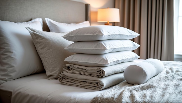 Photo freshly laundered bed linens and pillowcases neatly arranged on comfortable bed