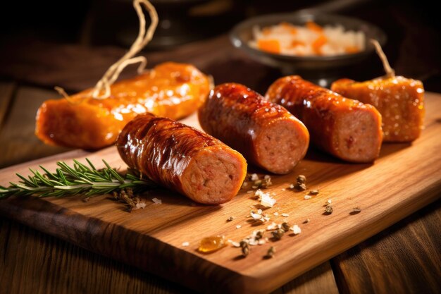 Freshly made artisan sausages on a wooden board created with generative ai